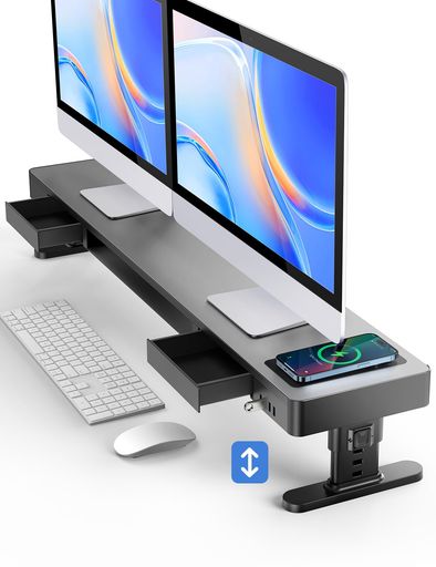 MEATANTY デュアル モニター台 4つの高さ調整可能 PC モニタースタンド 引き出し パソコン台 ディスプレイ台 USB 3.0/2.0 データ転送 机上台 スチール製 スマホ専用置き場付き ADJUSTABLE MONITOR STAND