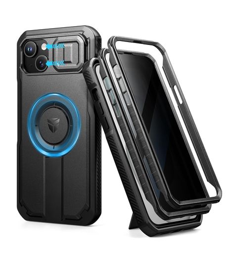 DEXNOR IPHONE 15 PLUS/14 PLUS対応 スライド式カメラカバー&調整可能キックスタンド&のぞき見防止フィルム付き MAGSAFE対応 耐衝撃バンパーケース&磁気保護カバー ブラック(ブラック)