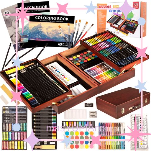 KINSPORY 168点 お絵かきセット 絵具セット 豪華 想像力 創造性 色鉛筆 クレヨン 水彩画 収納ケース付き 持ち運び 収納便利 (ダークブラウン)