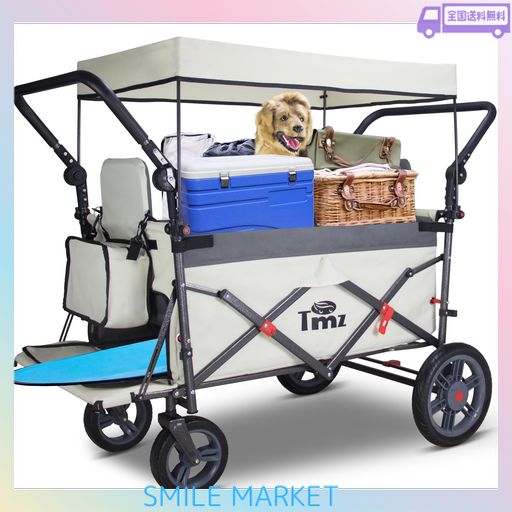 TMZ キャリーカート アウトドアワゴン、折りたたみ式、ダブルシートとシートベルト付き多機能カート、荷室開閉と拡張可能、前後ダブルプッシュハンドル、耐荷重約120KG、小物バッグと…