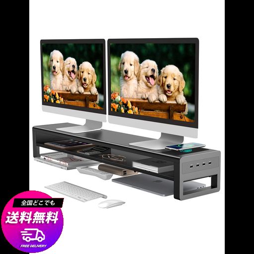 STARSIKIデュアル モニター台 2段式 モニタースタンド USB 3.0 データ転送 パソコン台 ディスプレイ台 金属製 机上台 スマホ専用置き場付き ディスプレイ/PC/ノートパソコン2台用