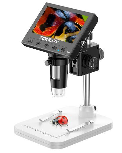 TOMLOV コイン デジタル顕微鏡 子供 USB充電式 1000X 液晶 調節可能 デジタルマイクロスコープ LEDランプ8個 昇降スタンド 4.3インチ電子顕微鏡 PC接続可能 WINDOWS対応 初心者 学生