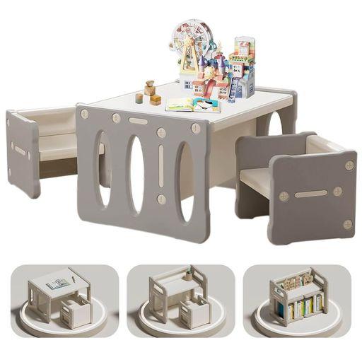 LEJUMP キッズデスク チェアセット 3点セット 2人用 デスクチェア 多機能収納 子供用テーブルと椅子 プラスチック 省スペース頑丈 角丸設計 リビング学習 学習デスク 入園祝い 保育園 家庭…