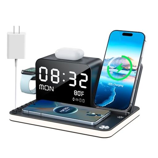 7 IN 1 ワイヤレス充電ステーション APPLEデバイス対応 ワイヤレス充電器 ナイトライト付き IPHONE2台同時充電可能 時間・温度同期 33W高速充電スタンド IPHONE 16/15/14/13/12 全シリーズ対応 ANDROID…