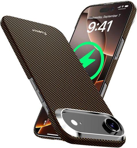 FOENOR IPHONE 17 AIR用 ケース アラミド繊維製 MAGSAFE対応 ワイヤレス充電対応 極薄・軽量型 IPHONE17用 エア カーボン風 電波干渉なし ミニマリスト いPHONE17AIR ケース(BLACK/GOLD)