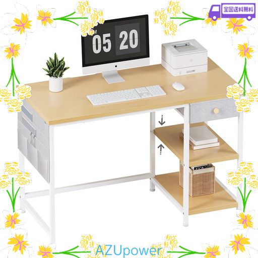 YETOM デスク 収納袋付き 机 布製引き出し付きPCデスク パソコンデスク 幅120CM 勉強机 学習机 左右入替可 ライトオーク