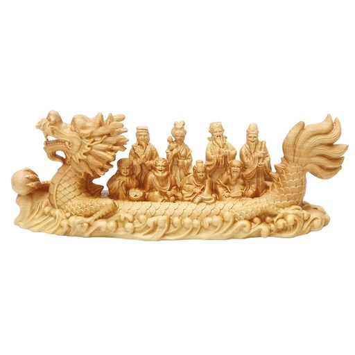七福神 開運宝船 美術品 高級天然ツゲ木彫り 縁起物 置物 木製彫刻 