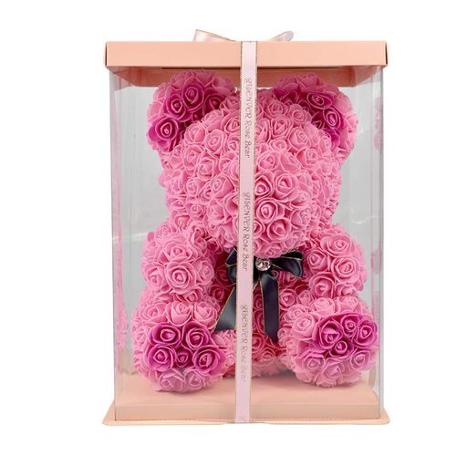 ENHONG ローズベア ローズ熊 バラ 手作り くま 薔薇 枯れない花 ぬいぐるみ 女性に バレンタイン 誕生日 母の日 ピンク箱付き (ピンク-ホットピンク足)