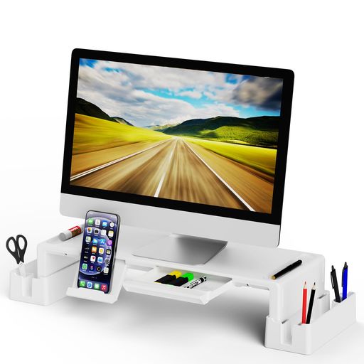 OLMASTER モニタースタンドライザー 折りたたみ式モニターライザー 高さ調節可能 パソコンスタンド/収納引き出し/ペンスロット/携帯電話スタンド デスクトップPCやノート 省スペース (収納…