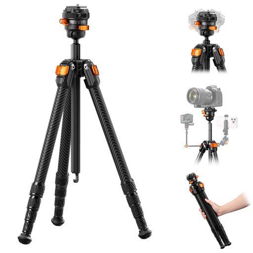 カメラ三脚カーボンK&F CONCEPT 最大高さ153CM カーボン三脚、軽量三脚、フレキシブルセンター軸、薄型360°パン・チルトボールヘッド、最大耐荷重3KG 1/4インチネジ、DSLRカメラ用キャリング…