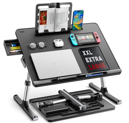 SAIJI 折りたたみミニテーブル「安定性強化版」ローテーブル ベッド用 軽量 大容量天板 角度・高さ調整可能 引き出し&ブックスタンド付き 表面PVC加工 40KG耐荷重 勉強 食事 一人暮らしに最…
