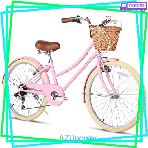 GLERC 女の子自転車 可愛い小中学生自転車 シティーサイクル ママチャリ レトロ おしゃれ 手編み藤カゴ付き SHIMANOシマノ6段変速 リアギア変速 通学用 24インチ 適用身長145~175CM ピンク