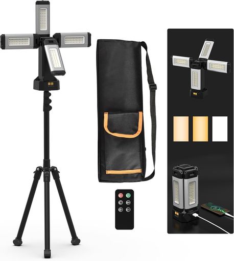 アルミニウム製ケース LED 投光器は 8000LM 超高輝度・USB 充電式。3 モード切替で 3 色(昼光/温白/電球色)、磁気設計付き三脚 270 度広角照明。IP65 防水で屋内・屋外・キャンプ・防災など多用…