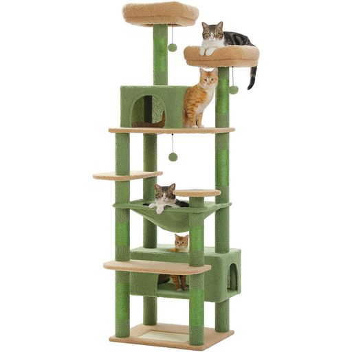 PETEPELA キャットタワー 大型猫用 スリム 多頭飼い 据え置き型 ハンモック付き 爪とぎポール 180CM グリーン