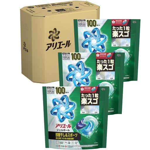 アリエール ジェルボール 【ケース品】 大容量 100個×3袋 部屋干し&amp;スポーツ消臭 洗濯洗剤 詰め替え