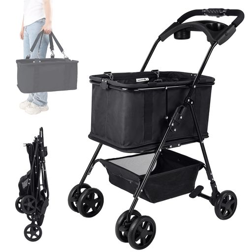 JOYFULTAILS ショッピングカート ワンタッチ 折りたたみ 買い物カート 2段 コンパクト収納 静音 軽量 キャリー カゴ 取り外し 4輪 ブレーキ付き スーパー 買い物かご エコバッグ 大容量(ブラ…