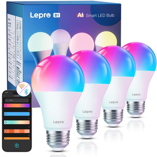 LEPRO AI スマート電球 B1 LED E26 60W形 4個 ALEXA対応 WI-FI電球 音楽連動 806LM スマート照明 スマートライト 8.5W A19 APP 音声操作 電球色 昼白色 昼光色 RGB1600万色 虹色 スマホ連動