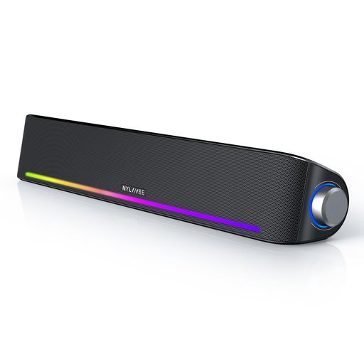 NYLAVEE PCスピーカー サウンドバー BLUETOOTH5.0 &amp; AUX接続 4つのスピーカーユニット LEDライト搭載 大音量&amp;豊かな低音 ラップトップ、タブレット、スマートフォンに対応、パソコンスピーカー (L…