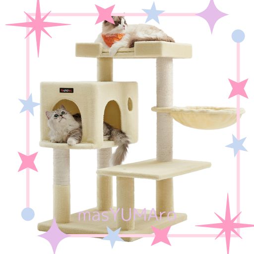 FEANDREA キャットタワー据え置き 多頭飼い 大型猫用 大きい猫にピッタリ 巨大ハウス 広い見晴らし台 PCT42M