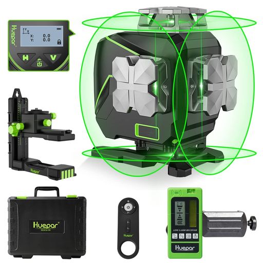 HUEPAR グリーン レーザー墨出し器 フルライン4本 4X360° 【受光器付属】 LCDディスプレー 軽天マウント リモコン付き 3電源方式 S04-5RG