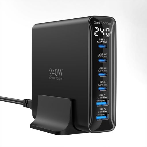 TOPADRE 240W 充電器 PD3.1対応 6ポート同時急速充電【C1 単ポート140W MAX/ディスプレイ搭載 /1.5Mケーブル付】USB コンセント GANFASTIII 対応 PCに急速充電対応 MACBOOK PRO14”/16” 対応