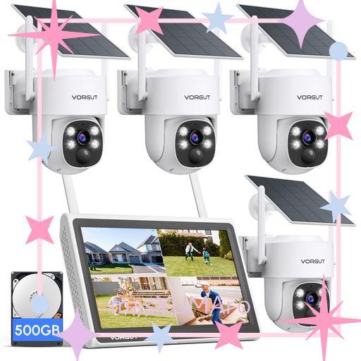 VORGUT 防犯カメラ 屋外 ソーラー モニター付き 4台セット 監視カメラ ソーラー 電源不要 2.4G&5GHZ WIFI対応 5年保証 無線防犯カメラ PIR人体検知 音声威嚇 IP66防水防塵 警報通知 屋外防犯対策