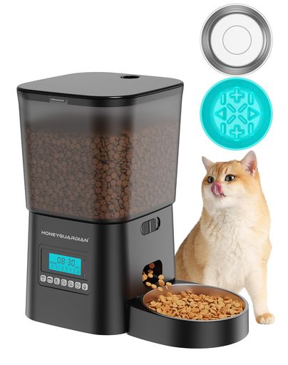 HONEYGUARDIAN ペット用自動給餌器 猫 中小型犬用 スローフィーダー付属 早食い防止設計 6回分け給餌 24時間タイマー対応留守番用 手動給餌可 音声録音機能 2WAY給電 電池/ACアダプター BPAフリ…