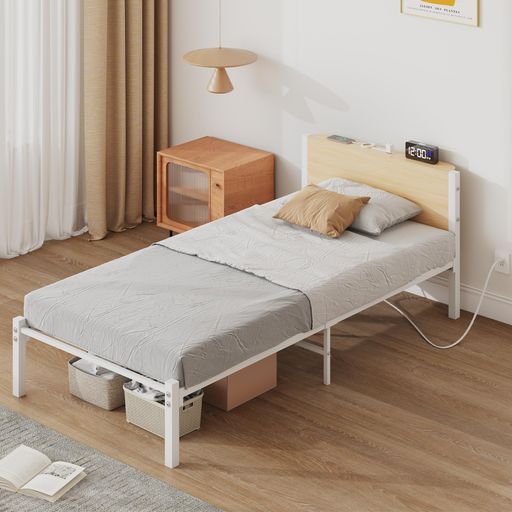 LUNARLIGHT スチールパイプベッド ベッドフレーム 幅97.5奥行211高さ70.5CM すのこ 静音 シングル BED FRAME コンセント付き LEDライト付き 宮棚付き 通気性 耐久性 総耐荷重400KG ベッド下収納 頑丈 …