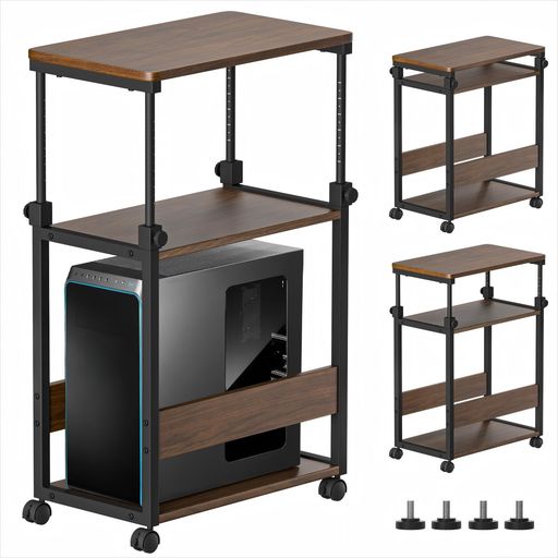 DAIWIN PCラック 昇降式 幅35×奥行60×高さ67~95CM パソコンワゴン キャスター付き CPUワゴン 天板高さ調節可能 PC 棚 デスクワゴン パソコン収納 木製 デスクサイドワゴン パソコン 棚 複合機ラ…