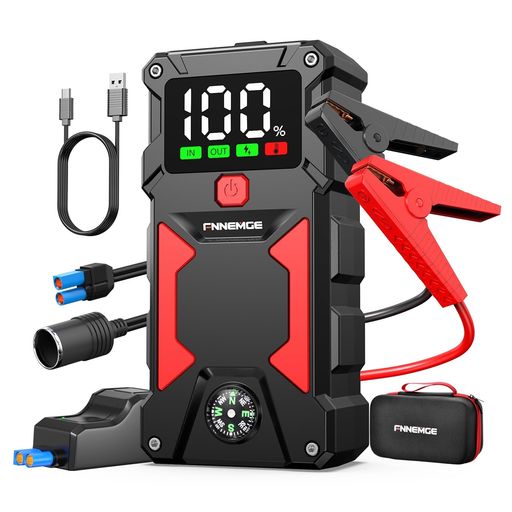 FNNEMGE ジャンプスターター、ピーク電流6000A、12V エンジンスターター(すべてのガソリン車/10,0Lディーゼルエンジン車)、搭載USB充電出力ポート、LEDランプ、HD大画面、EC-5アダプター、PSE認…