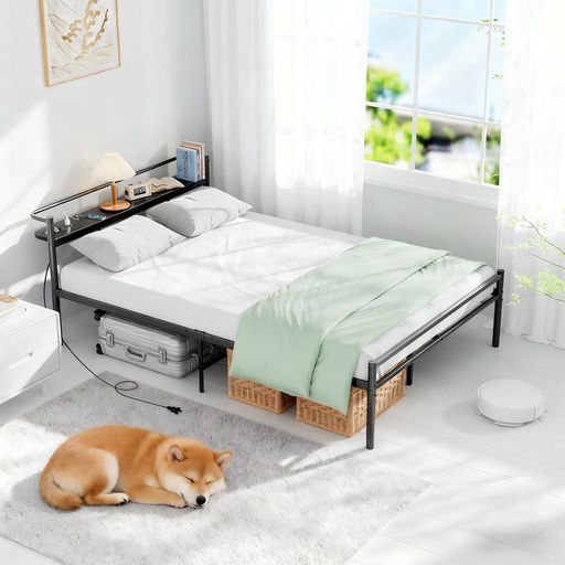 【宮棚・2口コンセント】ベッドフレーム シングルHOLDM パイプベッド 耐荷重300KGべっどふれーむ 床下収納高さ30CM スチールベッドフレーム (ブラック セミダブル)