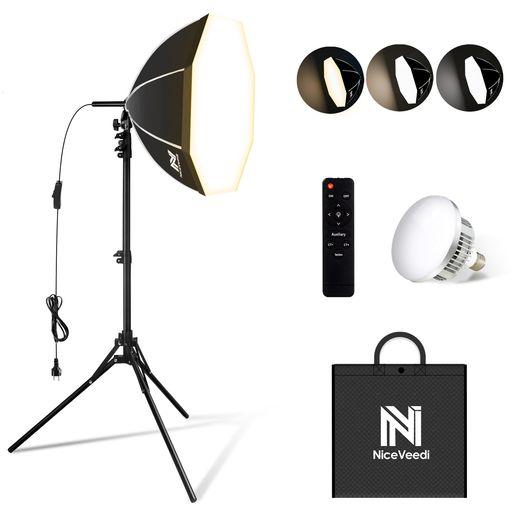 NICEVEEDI 50CM八角形ソフトボックス 85W LED電球撮影用ライト 遠隔操作 3色ライトモード3000K-6000K 撮影用照明ライト 写真撮影照明用ソフトボックス 160CM調整可能三脚付き お持ち込みやすい 収…