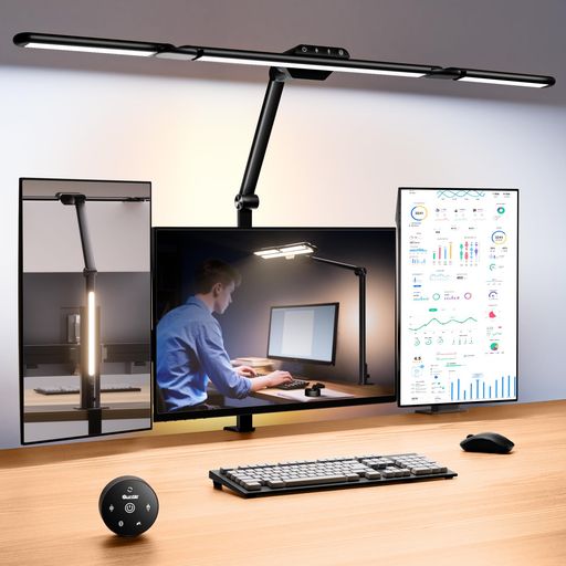 QUNTIS デスクライト LED センサー検知機能 クランプ式 4光源PRO版 独立制御 無線リモコン 環境補助光 幅広83CM 調光調色 スタンドライト 電気スタンド 卓上 多角度調節 T型 読書/勉強/仕事 ブ…