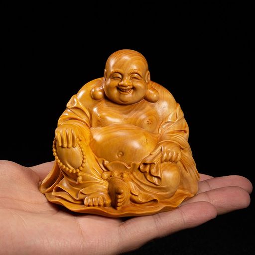 木彫り 布袋様 ツゲ製高級木彫り 風水 金運 お守り(SIZE:高さ8CM)