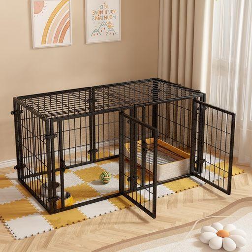 HEEOREV ペットサークル 犬 ゲージ ペットフェンス 犬 サークルケージドア付き 【屋根面付き？2つのドア？120*60*70CM】【シルバーブラック】？ 組立簡単 レイアウト自由 トイレトレーニング …