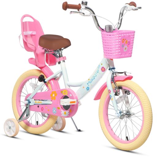 GLERC MAGGIE 子供用自転車 女の子用 キッズバイク 幼児乗り練習 花柄 かご付き 補助輪付き こども三輪 ぬいぐるみ座席付き Vブレーキ 4~7歳 16インチホワイトピンク