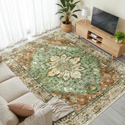 INOVADAY カーペット ラグマット 200×250CM 約3畳 絨毯 ペルシャ風 洗えるラグ 滑り止め オールシーズン グリーン×ブラウン