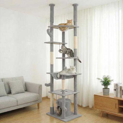 FOOTSTEP キャットタワー 猫タワー 突っ張り スリム 省スペース 据え置きタイプ 大型猫対応 多頭飼い 極太支柱 麻紐爪とぎ 宇宙船ハンモック付き ねこハウス ボンボン 組み立て簡単 据え置…