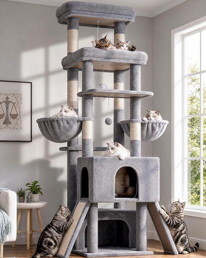 GLOBLAZER キャットタワー 大型 高さ 2M 大型猫用 多頭飼い 頑丈 据え置き 付き ハンモック 広い展望台 ライトグレー Z78