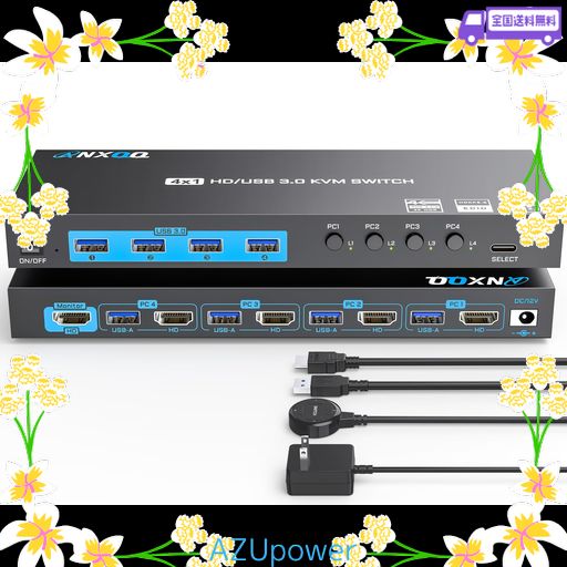 ANXQQ 4ポート KVMスイッチ HDMI、EDID機能付き4K@60HZ KVM SWITCH、4台のコンピューターが1台のモニターと4台のUSB外部デバイスを共有します、有線リモコンと電源アダプター付き HDMI 切り替え