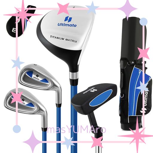 GYMAX ジュニアゴルフセット 子供用 ゴルフセット キッズ ゴルフ クラブ4本 右利き用 カバー付き キャディバック付き 初心者 (ブルー, 11〜13歳)