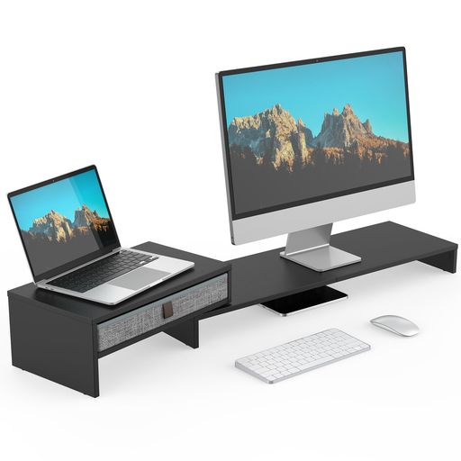 FENGE モニター台 机上台 パソコン台 モニタースタンド 横幅78.3-113CM 木製天板 PC台卓上 机上ラック PCモニター台 パソコンラック 引き出し卓上収納 ブラックG04D1082B