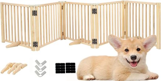 ペットゲート 木製 置くだけ 犬 柵 自立式 パーテーション (幅304CM×高さ43CM) 5枚 パネル 角度固定ジョイント付き 転倒防止 足裏滑り止め 折りたたみ 小型犬 中型犬 天然木 無塗装 工具不要 …