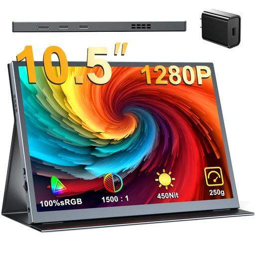 EVICIV モバイルモニター 10.5インチ 小型 モバイルディスプレイ FHD 1280P 1500:1コントラスト 450NITS高輝度 100%SRGB IPS 光沢パネル 超軽量 ポータブルモニター 保護カバー付き 在宅勤務 ゲーミング