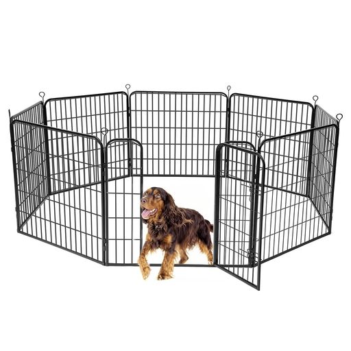 YUMETAIL ペットサークル 大型犬用 折りたたみ式 メタルフェンス, 室内外兼用, グレー (ブラック 高さ60CM-八枚)