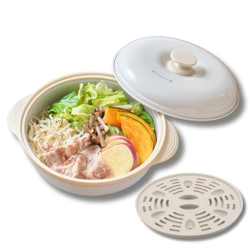 ケヴンハウン(KEVNHAUN) レンジパン深型 ベージュ レンジでチンで焼き目ができる せいろ 蒸し器 レンジ鍋 フッ素コーティング 蒸し皿付き 煮込み 1台7役 一人暮らし 魚焼き グリル 電子レン…