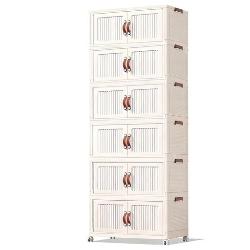 EYAWE 収納箱 収納キャビ 折りたたみ式 ホイール付き DIY 多層式 積み重ね可能 衣装ケース 大容量 高荷重対応 食品 防塵 防湿 無臭 書斎 寝室 キッチン 家庭用 (ベージュ,六層)