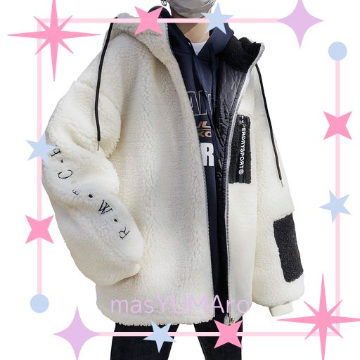 BORMRAN ボアジャケット メンズ ボアブルゾン フリース ジャンパー ボアコート アウター もこもこ 防寒 厚手 パーカー 冬服 (XL, ホワイト)