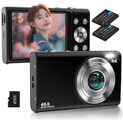 STUOGYUM デジタルカメラ 4K オートフォーカス デジカメ 4800万画素 700MAHバッテリー2個搭載 16倍ズーム ウェブカメラ 手ぶれ補正 顔検出 スマイルキャプチャー 連続撮影 自撮り 2.88インチIPSス…