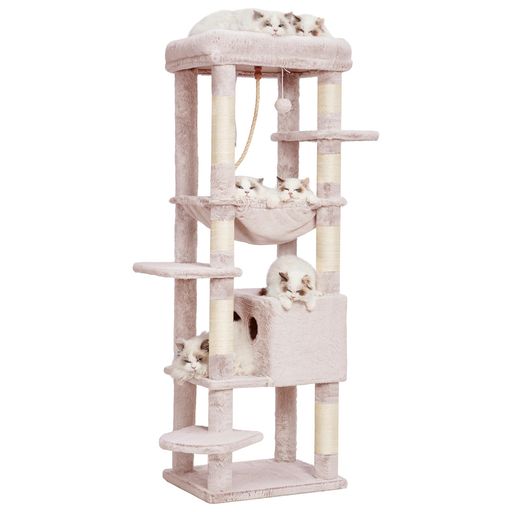 HEYBLY キャットタワー 大型猫用 多頭飼い 超スリム 省スペース 登りやすい ハンモック キャットハウス 大型見晴らし台 麻紐 爪研ぎ棒 高さ153CM ローズブラウン HCT050MU